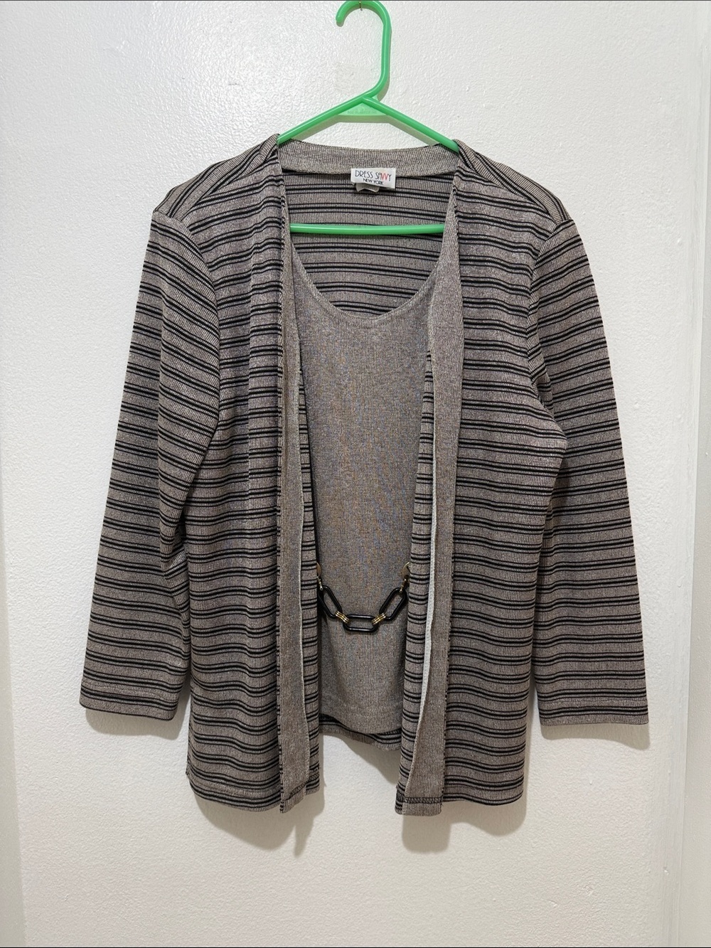 Cynthia Rowley Gray and Black Striped Open-Front Cardigan with Inner Tank